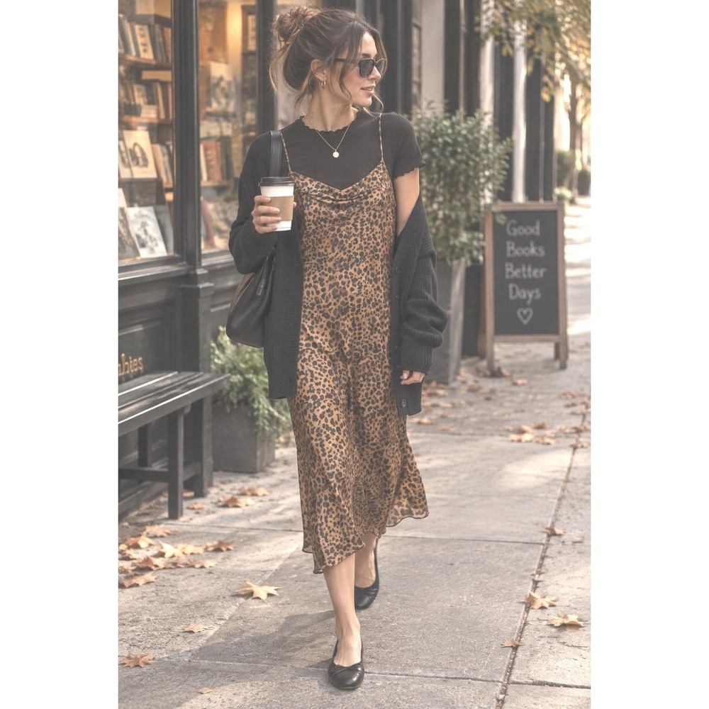 A New Day Womens XL Satin Leopard Print Slip Dress Brown Black Midi Cowl Neck